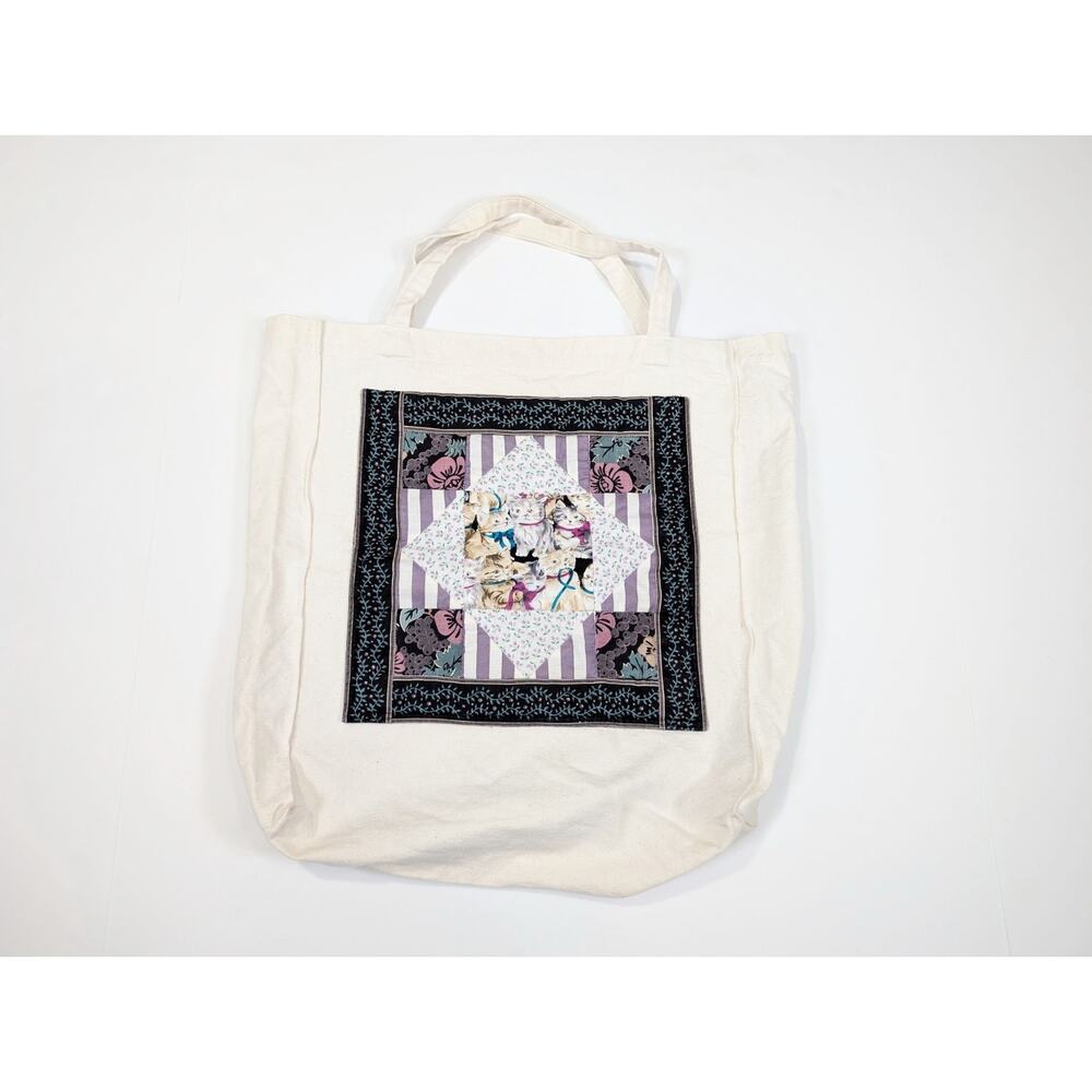 Vintage Cat Tote Bag Beige Canvas Patchwork Pocket